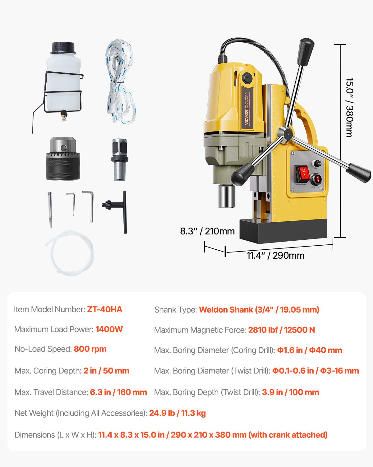 Magnetic Drill, 1400W Motor 1.6 in Boring Diameter, 2810 lbf Portable Electric Mag Drill Press, 800 RPM No-Load Speed, Drilling Machine for Metal Surface, Industrial and Home Improvement