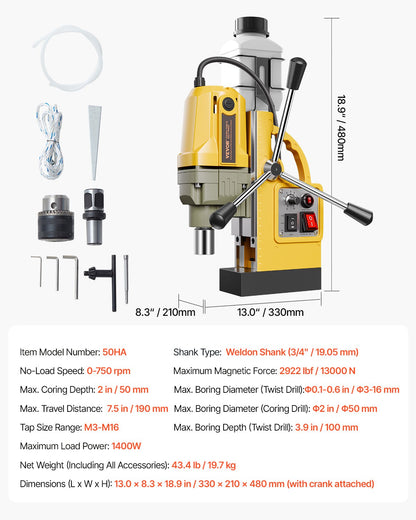 Magnetbohrmaschine, 1400-W-Motor, 2 Zoll Bohrdurchmesser, 2922 lbf Drehmoment, tragbare elektrische Magnetbohrmaschine, Drehzahlregelung 0–750 U/min, Bohrmaschine für Metalloberflächen, für Industrie und Heimwerkerbedarf