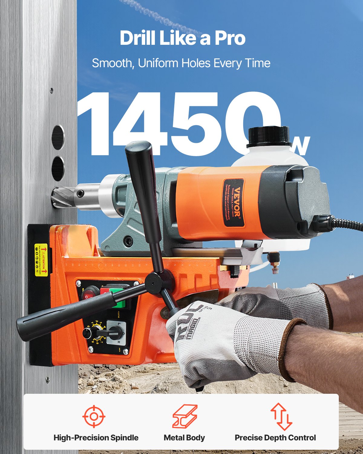 Magnetbohrmaschine, 1450-W-Motor, 40,6 mm Bohrdurchmesser, 1280 lbf Drehmoment, tragbare elektrische Magnetbohrmaschine mit 2 Kernbohrern, variabler Drehzahl, Bohrmaschine für Metalloberflächen, Heimwerkerbedarf