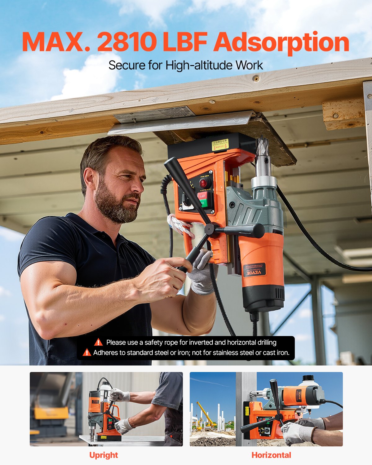 Magnetbohrmaschine, 1450-W-Motor, 40,6 mm Bohrdurchmesser, 1280 lbf Drehmoment, tragbare elektrische Magnetbohrmaschine mit 2 Kernbohrern, variabler Drehzahl, Bohrmaschine für Metalloberflächen, Heimwerkerbedarf