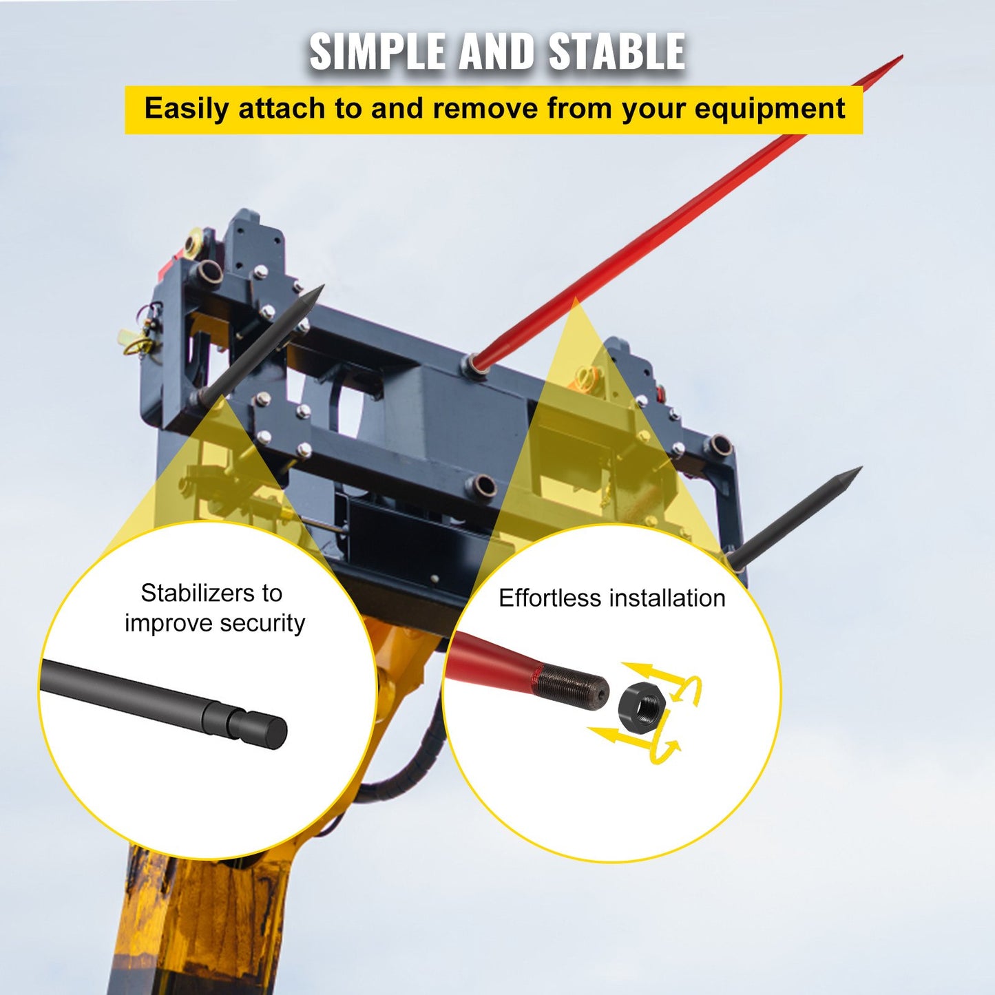 Hay Spear 49\" Bale Spear 3000 lbs Capacity, Bale Spike Quick Attach Square Hay Bale Spears 1 3/4\" Wide, Red Coated Bale Forks, Bale Hay Spike with 2 Stabilizer Spears Conus 2