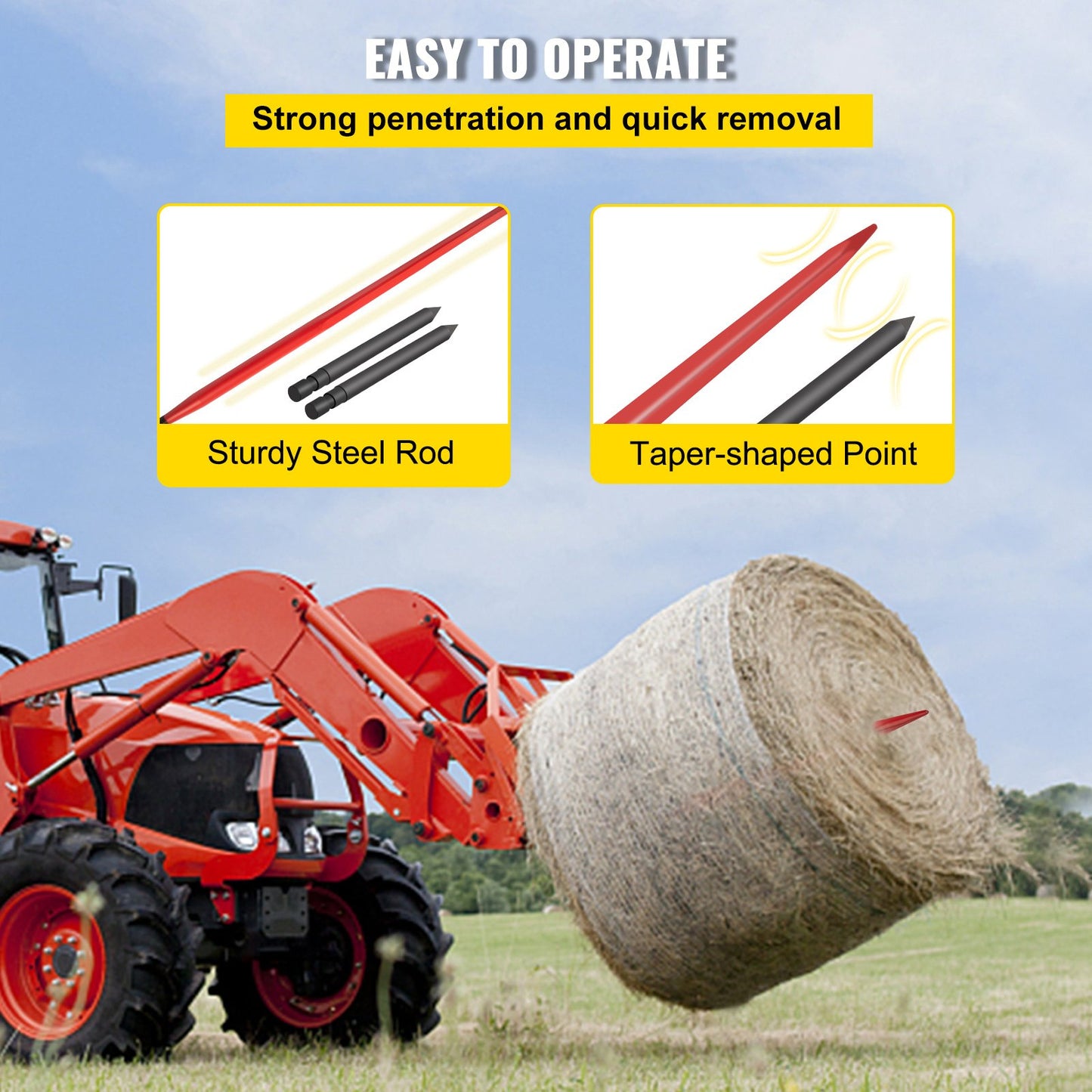Hay Spear 49\" Bale Spear 3000 lbs Capacity, Bale Spike Quick Attach Square Hay Bale Spears 1 3/4\" Wide, Red Coated Bale Forks, Bale Hay Spike with 2 Stabilizer Spears Conus 2