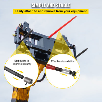 Hay Spear 49" Bale Spear 3000 lbs Capacity, Bale Spike Quick Attach Square Hay Bale Spears, Red Coated Bale Forks, Bale Hay Spike with 2 Stabilizer Spears