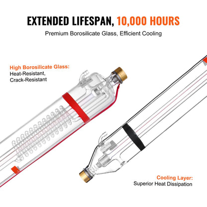100-W-CO2-Laserröhre, 1450 mm Länge, 80 mm Durchmesser, Borosilikatglas-Laserschneidrohr mit Metallkopf, 10.000 Betriebsstunden, vorkonfektionierte Kabel für Lasergravier- und Schneidemaschinen