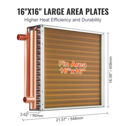 16"x 16"/40.6 x 40.6 cm Heat Exchanger Water to Air 3-Row 3/8"/ 1 cm Copper Ports 193 Fins