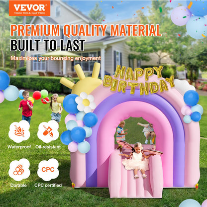 Inflatable Bounce House, Indoor Outdoor Playhouse Trampoline, Kid Jumping Bouncer with Blower, Slide, Storage Bag, Family Backyard Bouncy Castle, for Girls Boys Ages 3–8 Years, 110x91x91 inch