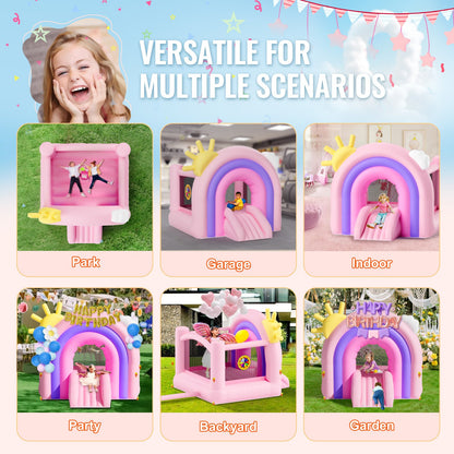 Inflatable Bounce House, Indoor Outdoor Playhouse Trampoline, Kid Jumping Bouncer with Blower, Slide, Storage Bag, Family Backyard Bouncy Castle, for Girls Boys Ages 3–8 Years, 110x91x91 inch