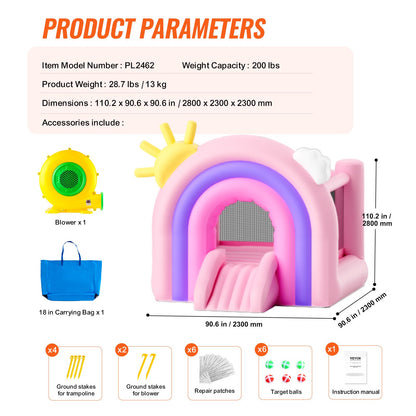 Inflatable Bounce House, Indoor Outdoor Playhouse Trampoline, Kid Jumping Bouncer with Blower, Slide, Storage Bag, Family Backyard Bouncy Castle, for Girls Boys Ages 3–8 Years, 110x91x91 inch