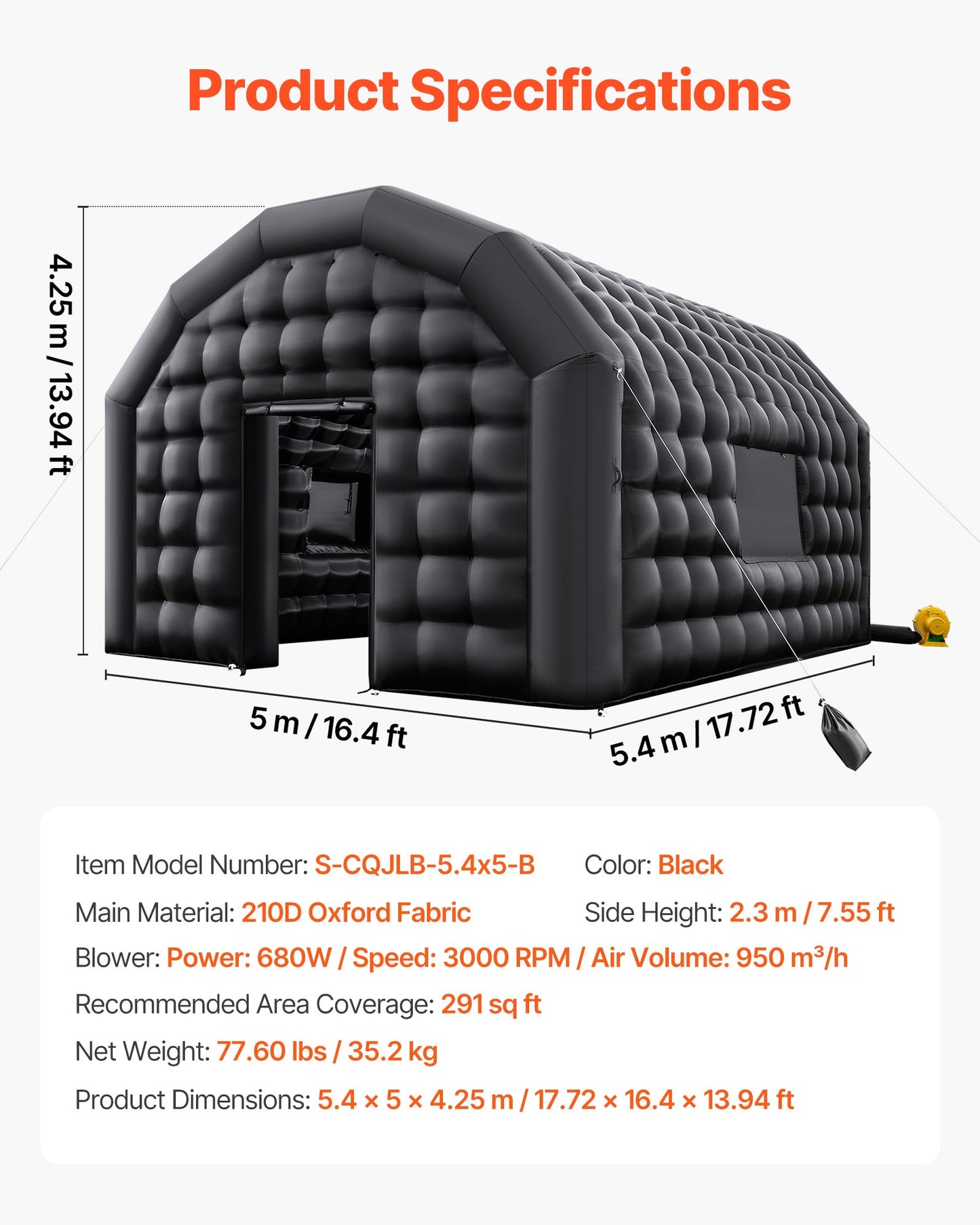 Aufblasbarer Nachtclub, 5,4 x 5 x 4,2 m großes Partyzelt mit 680-W-Gebläse und Sandsack, belüfteter aufblasbarer Nachtclub mit 2 Fenstern, aufblasbares Kubushaus für Veranstaltungen wie Geburtstage, Hochzeiten und Partys