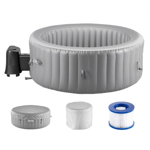 Inflatable Hot Tub, 4 to 6 Person Capacity, 2080 x 660mm Round Portable Outdoor Spa, with 130 Soothing Jets, Filter, Cover and Mat, Multi-function Control Panel, PVC Outdoor Hot Tub, Grey