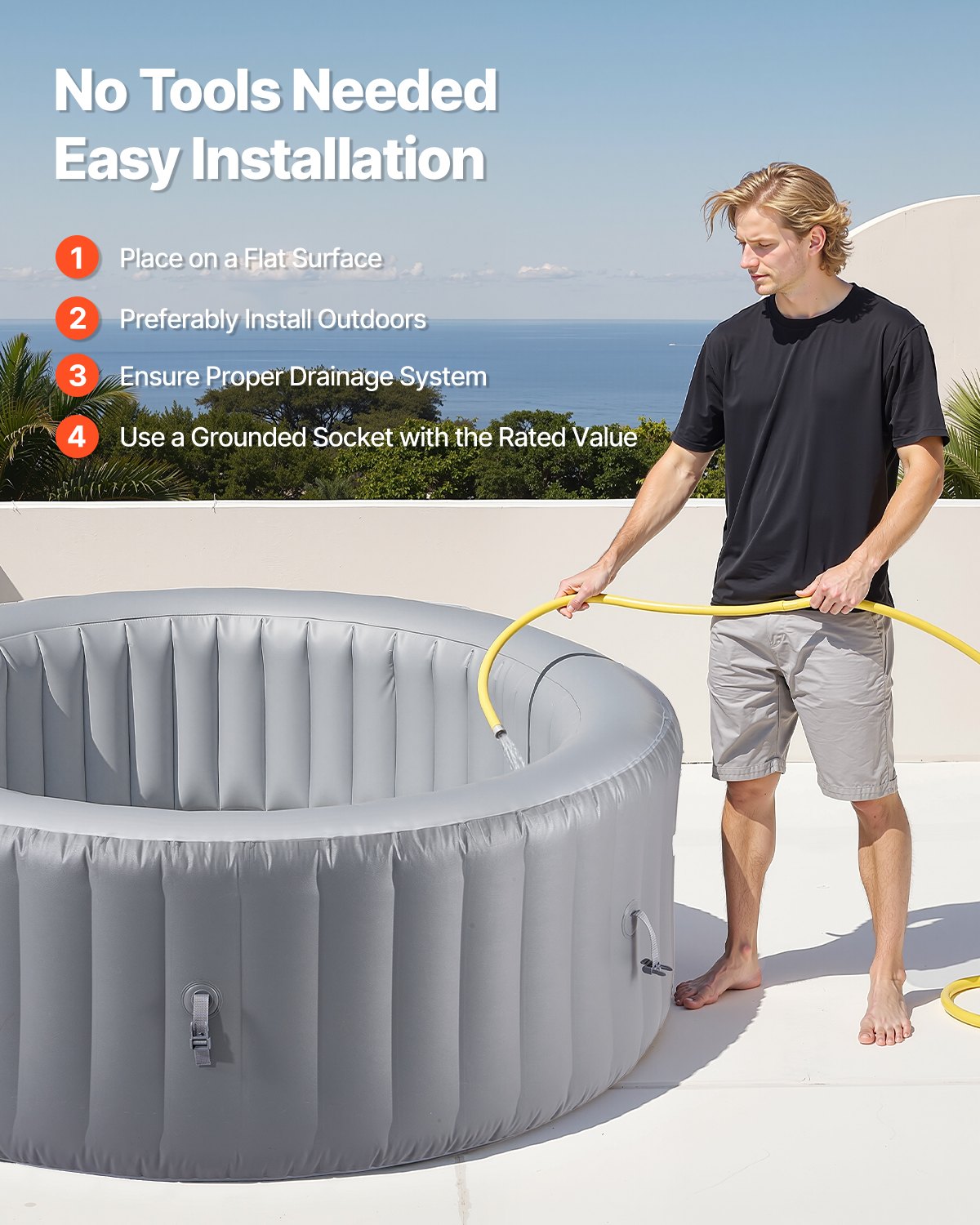 Inflatable Hot Tub, 4 to 6 Person Capacity, 2080 x 660mm Round Portable Outdoor Spa, with 130 Soothing Jets, Filter, Cover and Mat, Multi-function Control Panel, PVC Outdoor Hot Tub, Grey