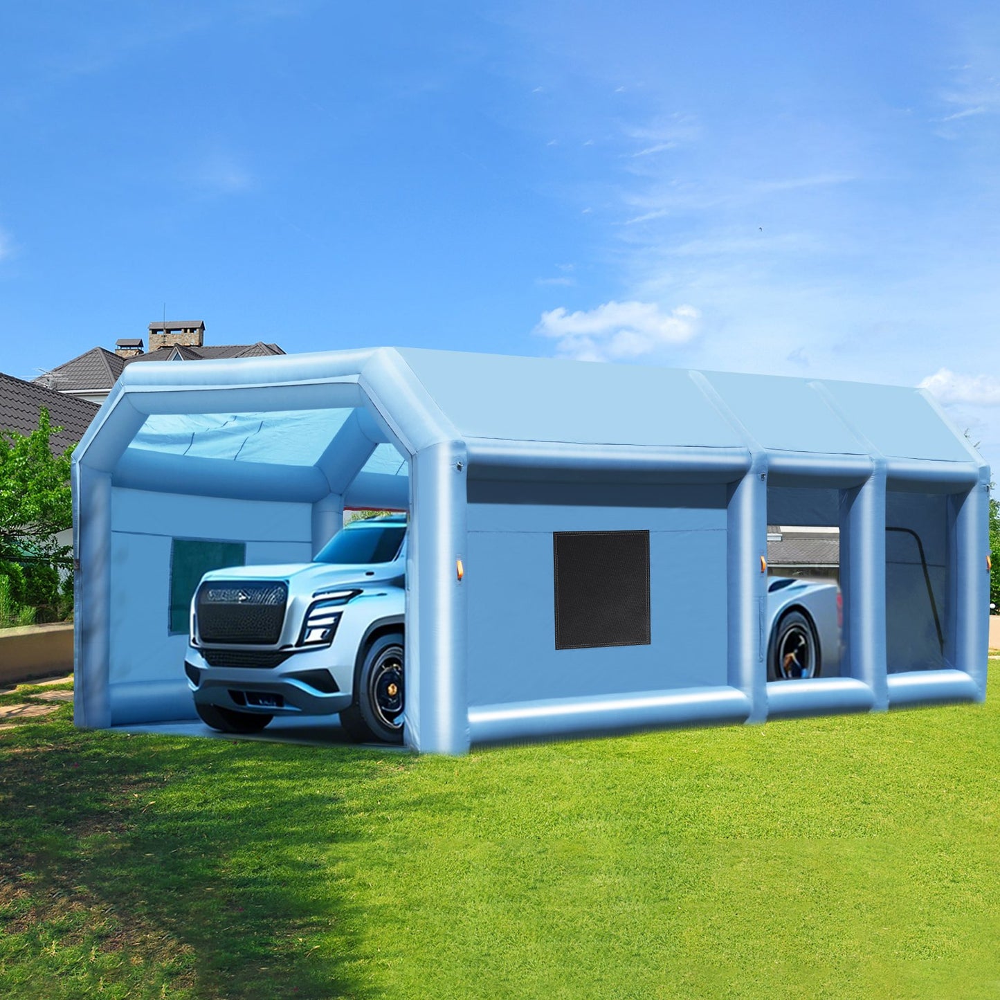 Aufblasbare Lackierkabine, 9 x 4,8 x 3,6 m (29,5 x 15,7 x 11,8 ft), mit leistungsstarken Gebläsen (950 W + 750 W) und Luftfiltersystem, tragbare Lackierkabine für große Lkw, Transporter und Maschinen