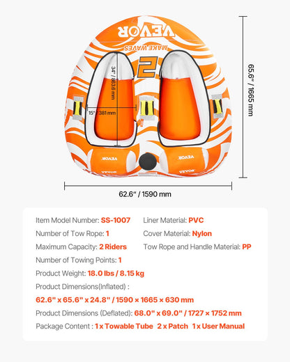 Towable Tubes for Boating 2 Person, Inflatable Boat Tubes and Towables with 2 Cockpits, 340lbs Water Sport Tubes for Boat to Pull - with 840D Full Nylon Cover, Padded Grab Handles & Safety Valve