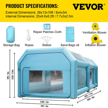 Portable Inflatable Paint Booth, 792.48 x 457.2 x 304.8 cm Inflatable Spray Booth, Car Paint Tent w/ Air Filter System & 2 Blowers, Upgraded Blow Up Spray Booth Tent, Auto Paint Workstation, Car Parking Garage