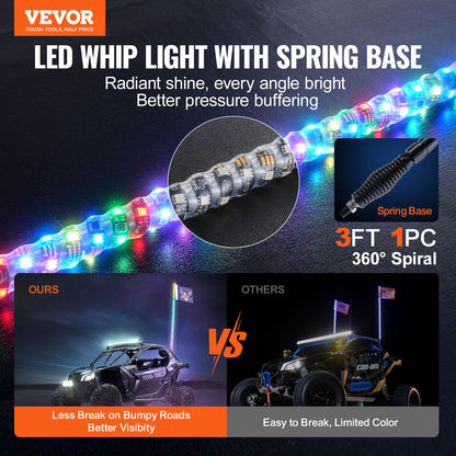 1 PC 3 FT Whip Light with Spring Base, Led Whip Light with APP & Remote Control, Waterproof 360° Spiral RGB Chasing Lighted Whip with 2 Flags, for UTVs, ATVs, Motorcycles, RZR, Can-am, Go-karts