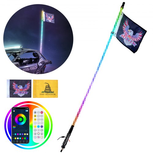 1 PC 3 FT Whip Light, APP & RF Remote Control Led Whip Light, Waterproof 360°Spiral RGB Chasing Lighted Whips with 2 Flags, for UTVs, ATVs, Motorcycles, RZR, Can-am, Trucks, Off-road, Go-karts