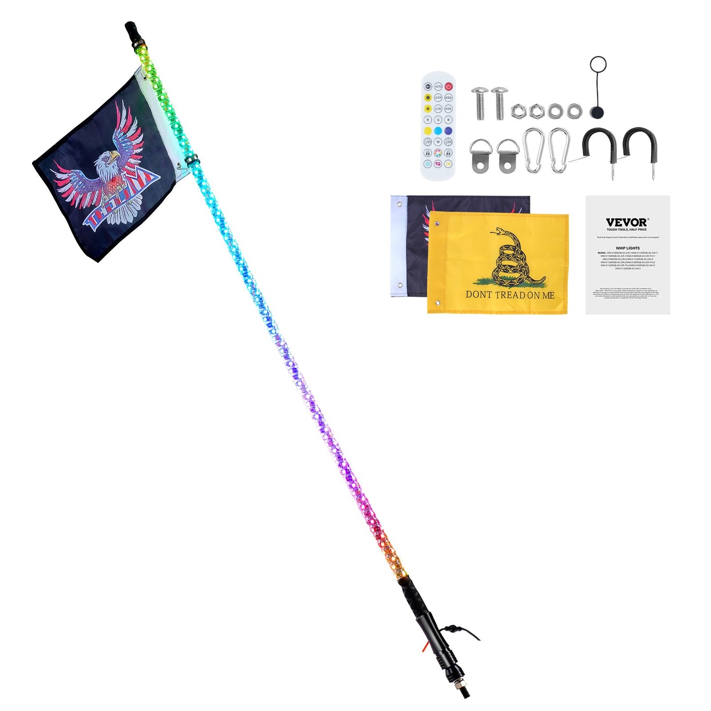 1 PC 4 FT Whip Light, APP & RF Remote Control Led Whip Light, Waterproof 360°Spiral RGB Chasing Lighted Whips with 2 Flags, for UTVs, ATVs, Motorcycles, RZR, Can-am, Trucks, Off-road, Go-karts