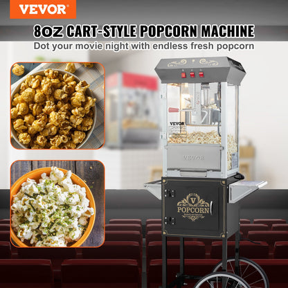 Popcornmaschine mit Wagen, 850-Watt-Popcornmaschine, 237-ml-Kessel (8 oz) für 48 Tassen Popcorn pro Durchgang, Popcornmaschine mit gehärtetem Glas, inklusive 4 Schaufeln, Kino-Design, Schwarz