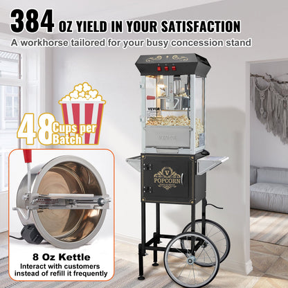Popcornmaschine mit Wagen, 850-Watt-Popcornmaschine, 237-ml-Kessel (8 oz) für 48 Tassen Popcorn pro Durchgang, Popcornmaschine mit gehärtetem Glas, inklusive 4 Schaufeln, Kino-Design, Schwarz