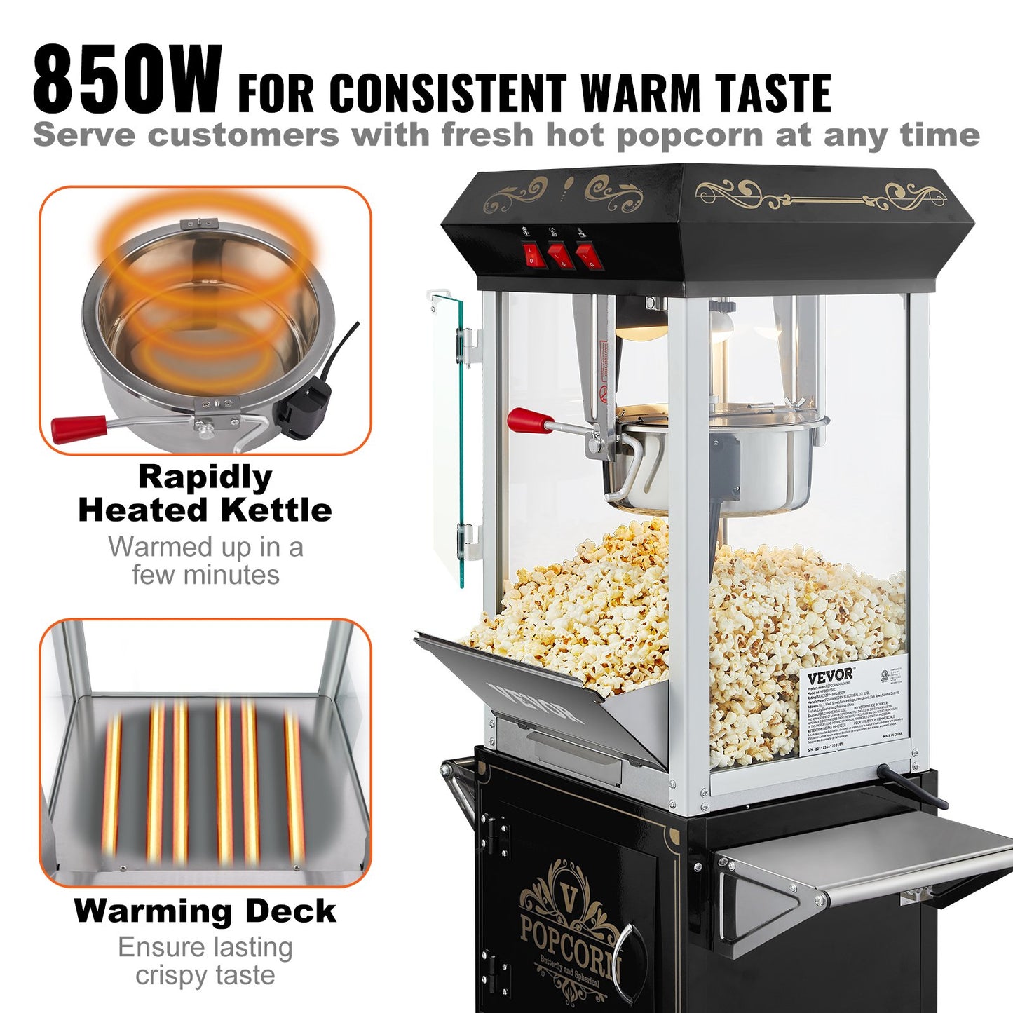 Popcornmaschine mit Wagen, 850-Watt-Popcornmaschine, 237-ml-Kessel (8 oz) für 48 Tassen Popcorn pro Durchgang, Popcornmaschine mit gehärtetem Glas, inklusive 4 Schaufeln, Kino-Design, Schwarz