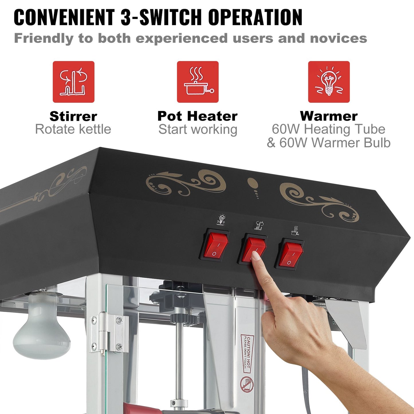 Popcornmaschine mit Wagen, 850-Watt-Popcornmaschine, 237-ml-Kessel (8 oz) für 48 Tassen Popcorn pro Durchgang, Popcornmaschine mit gehärtetem Glas, inklusive 4 Schaufeln, Kino-Design, Schwarz