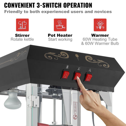 Popcornmaschine mit Wagen, 850-Watt-Popcornmaschine, 237-ml-Kessel (8 oz) für 48 Tassen Popcorn pro Durchgang, Popcornmaschine mit gehärtetem Glas, inklusive 4 Schaufeln, Kino-Design, Schwarz