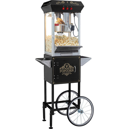 Popcornmaschine mit Wagen, 850-Watt-Popcornmaschine, 237-ml-Kessel (8 oz) für 48 Tassen Popcorn pro Durchgang, Popcornmaschine mit gehärtetem Glas, inklusive 4 Schaufeln, Kino-Design, Schwarz
