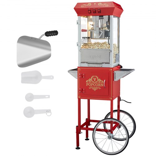 Popcornmaschine mit Wagen, 850-Watt-Popcornmaschine, 237-ml-Kessel (8 oz) für 48 Tassen Popcorn pro Durchgang, Popcornmaschine mit gehärtetem Glas, inklusive 4 Schaufeln, Kino-Design, Rot