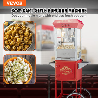 Popcornmaschine mit Wagen, 850-Watt-Popcornmaschine, 237-ml-Kessel (8 oz) für 48 Tassen Popcorn pro Durchgang, Popcornmaschine mit gehärtetem Glas, inklusive 4 Schaufeln, Kino-Design, Rot