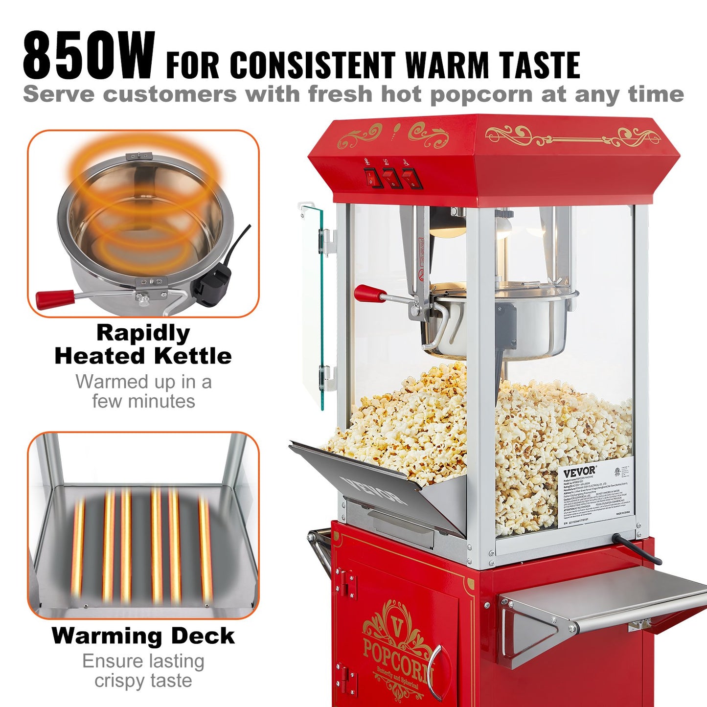 Popcornmaschine mit Wagen, 850-Watt-Popcornmaschine, 237-ml-Kessel (8 oz) für 48 Tassen Popcorn pro Durchgang, Popcornmaschine mit gehärtetem Glas, inklusive 4 Schaufeln, Kino-Design, Rot