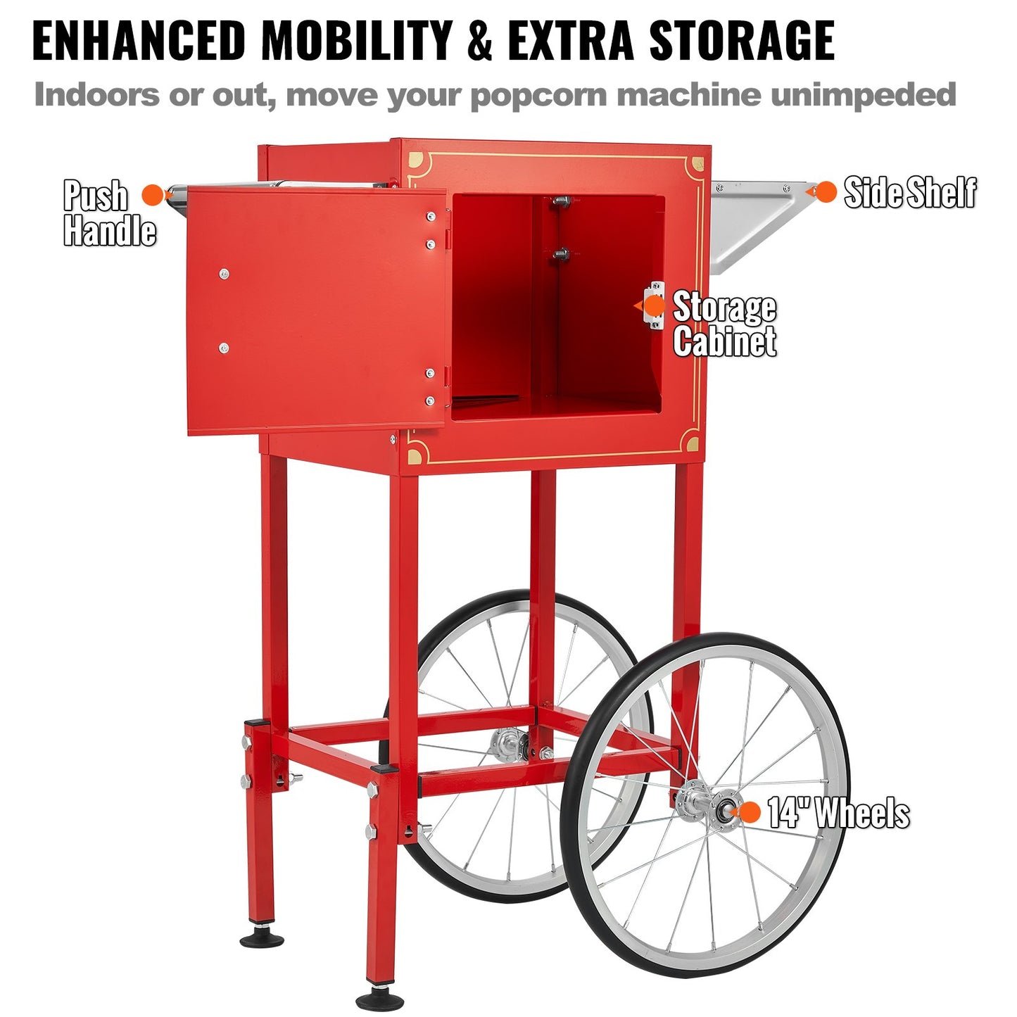 Popcornmaschine mit Wagen, 850-Watt-Popcornmaschine, 237-ml-Kessel (8 oz) für 48 Tassen Popcorn pro Durchgang, Popcornmaschine mit gehärtetem Glas, inklusive 4 Schaufeln, Kino-Design, Rot