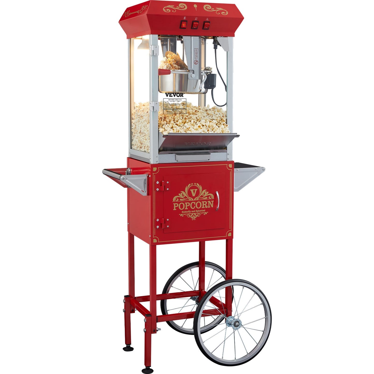 Popcornmaschine mit Wagen, 850-Watt-Popcornmaschine, 237-ml-Kessel (8 oz) für 48 Tassen Popcorn pro Durchgang, Popcornmaschine mit gehärtetem Glas, inklusive 4 Schaufeln, Kino-Design, Rot
