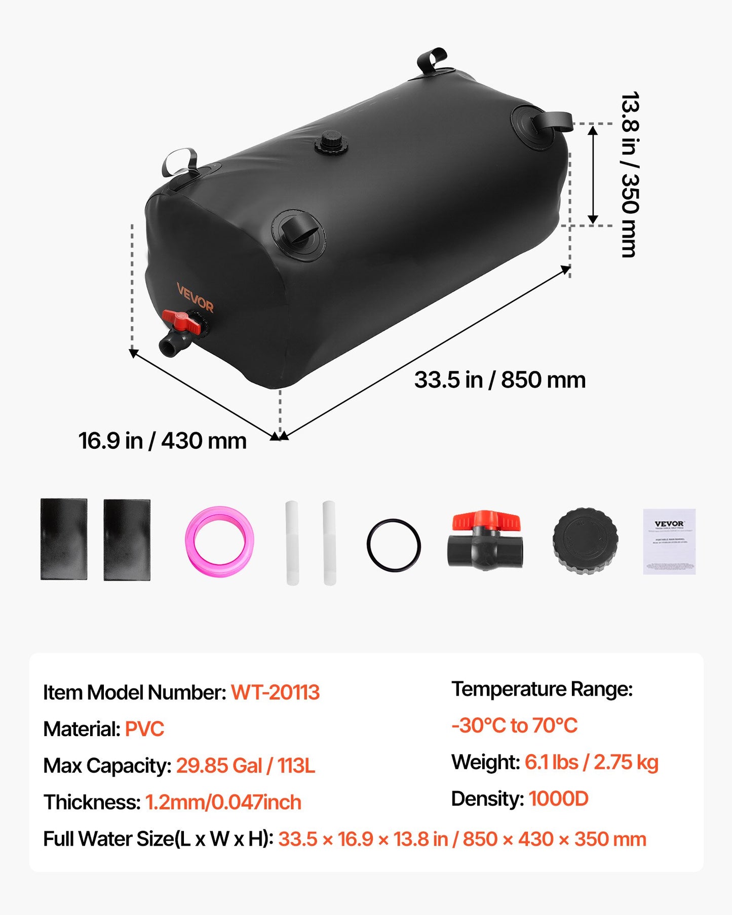 Wasserspeicherblase, 113 l, aus robustem, verdicktem 1000D PVC, faltbar und tragbar, ideal für Gartenbewässerung, Camping, Wohnmobile und Notfälle – Schwarz