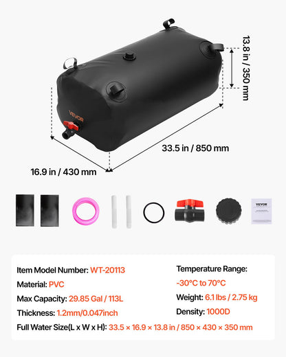Wasserspeicherblase, 113 l, aus robustem, verdicktem 1000D PVC, faltbar und tragbar, ideal für Gartenbewässerung, Camping, Wohnmobile und Notfälle – Schwarz