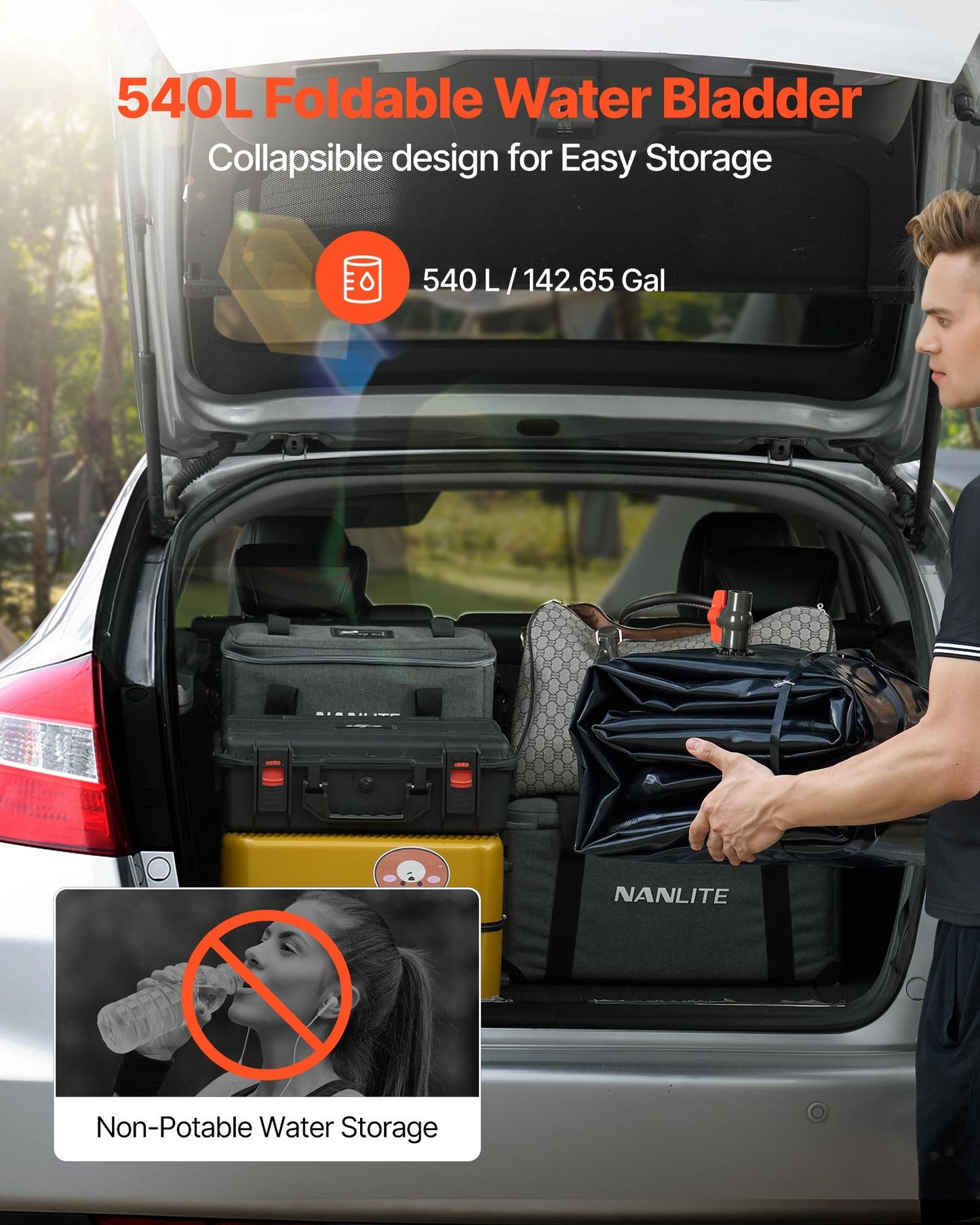 Wasserspeicherblase, 540 l, 1000D PVC, große, weiche Tasche, faltbar und tragbar für Gartenbewässerung, Camping, Wohnmobil und Notfälle – Schwarz