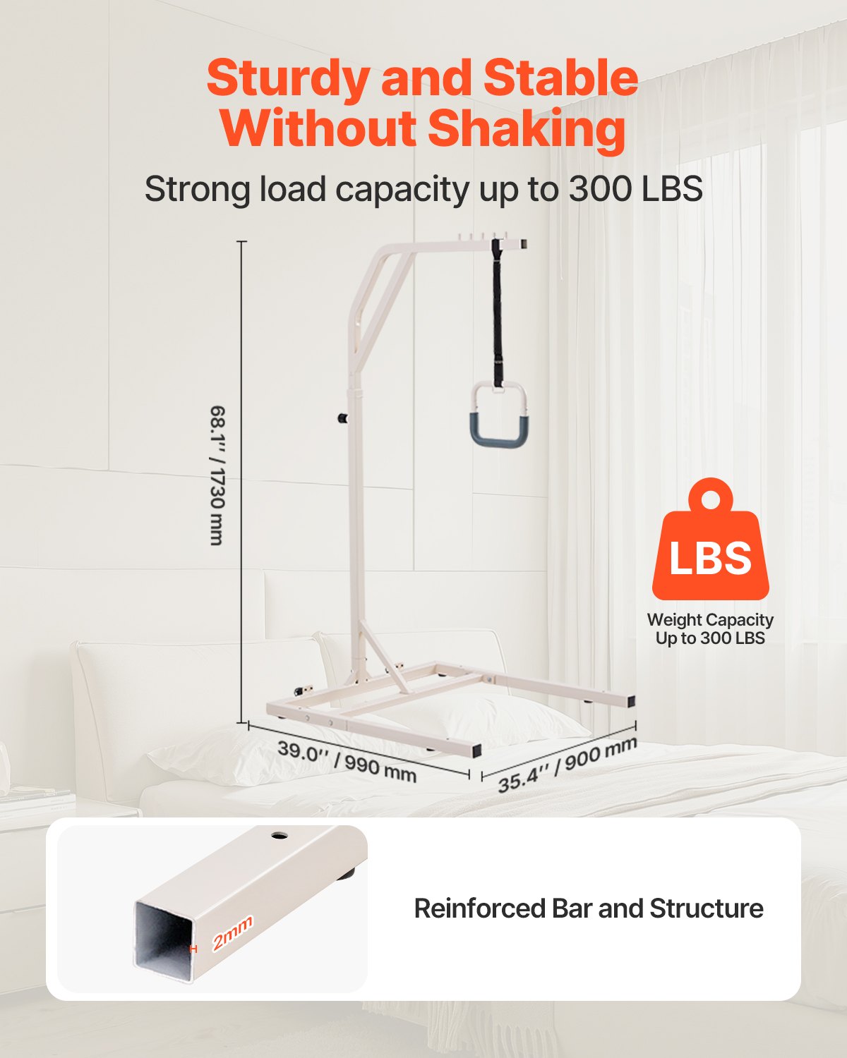 Trapeze Bar for Bed Mobility, Height-Adjustable Free Standing Trapeze Bar with 2 Wheels, 300LBS Capacity Bed Pull Up Assist for Elderly Disabled, Ideal for Hospital, Nursing Home & Home Care