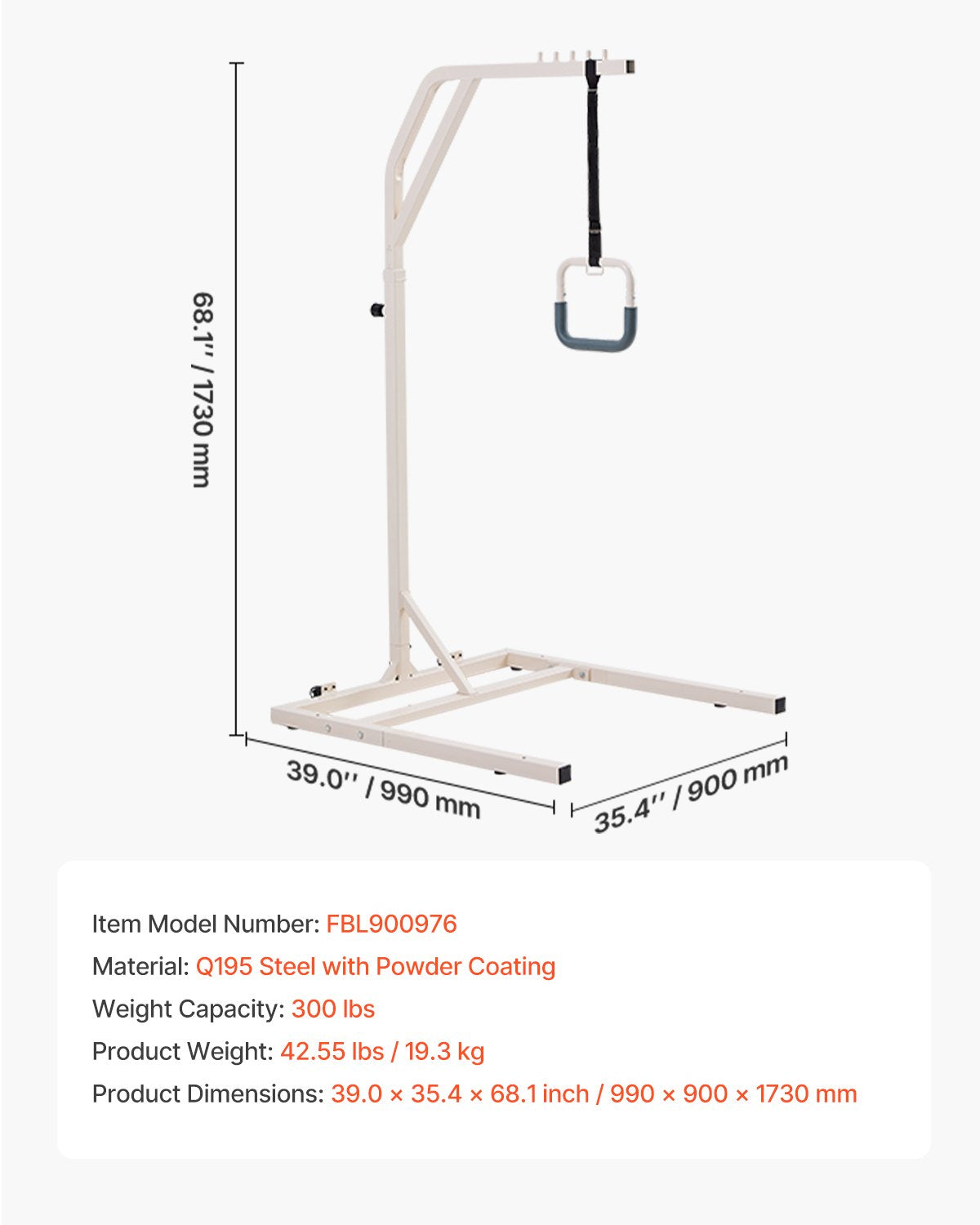Trapeze Bar for Bed Mobility, Height-Adjustable Free Standing Trapeze Bar with 2 Wheels, 300LBS Capacity Bed Pull Up Assist for Elderly Disabled, Ideal for Hospital, Nursing Home & Home Care