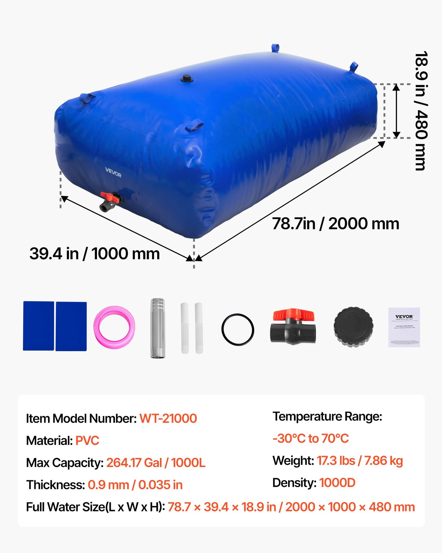 Water Storage Bladder, 1000L Water Storage Container Tank, 1000D PVC Extra-Large Capacity Soft Bag Bladder, Foldable Portable for Garden Irrigation, Camping, RV, Fire Prevention