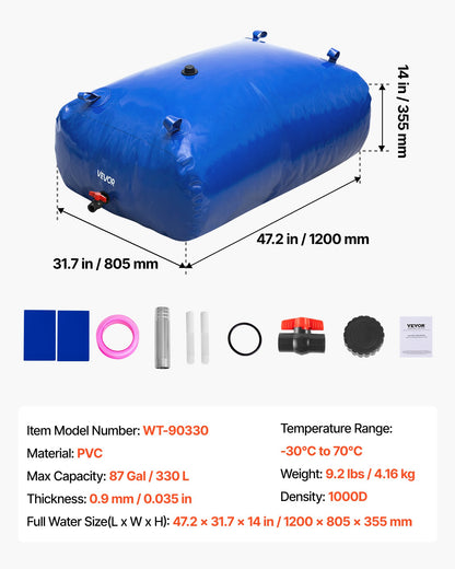Wasserspeicherblase, 330-Liter-Wasserspeicherbehälter, 1000D PVC-Großvolumen-Weichsackblase, faltbar und tragbar für Gartenbewässerung, Camping, Wohnmobile, Brandschutz (Blau)