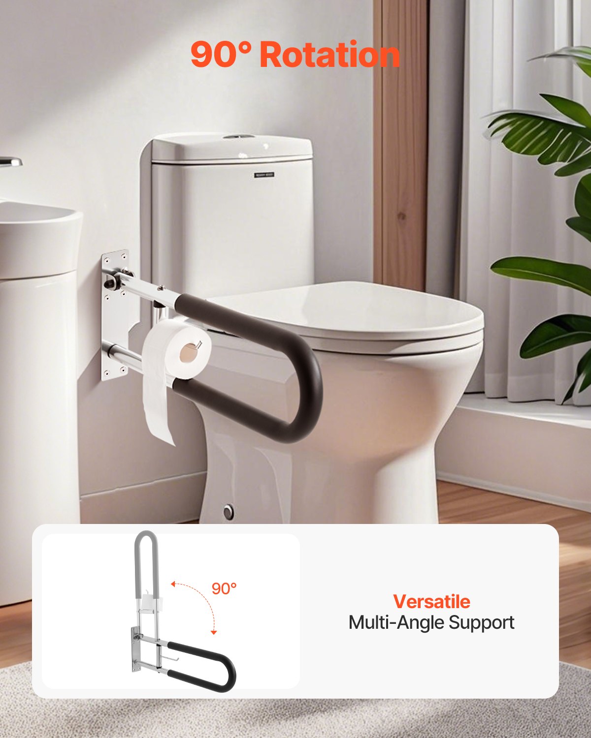 Toiletten-Haltegriff, 76 cm langer, U-förmiger Haltegriff für Menschen mit Behinderung, klappbarer Sicherheitsgriff für Senioren, hochklappbarer Toiletten-Haltegriff mit rutschfestem Griff, Tragkraft 136 kg, Sicherheits-Handlauf mit Papierhalter