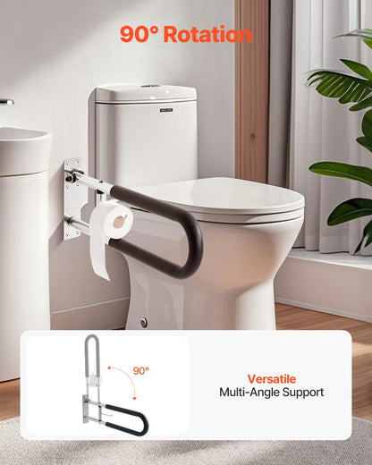 Toiletten-Haltegriff, 76 cm langer, U-förmiger Haltegriff für Menschen mit Behinderung, klappbarer Sicherheitsgriff für Senioren, hochklappbarer Toiletten-Haltegriff mit rutschfestem Griff, Tragkraft 136 kg, Sicherheits-Handlauf mit Papierhalter