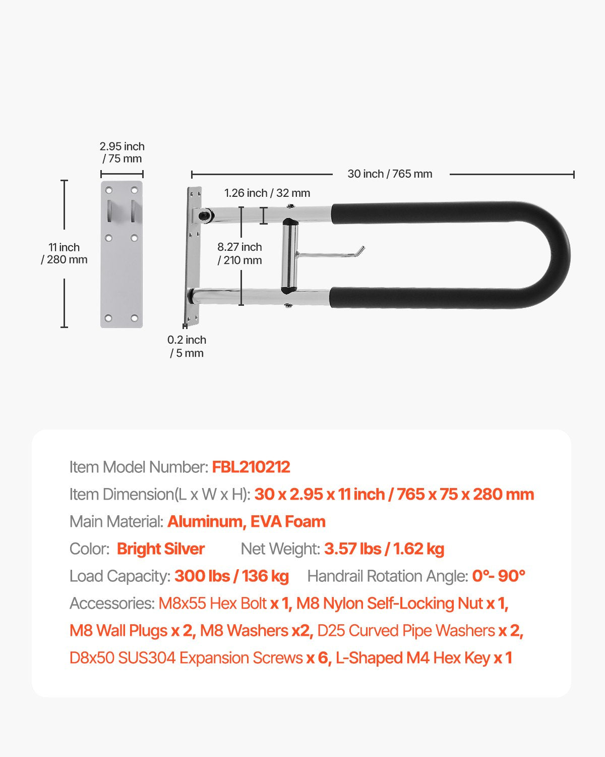 Toiletten-Haltegriff, 76 cm langer, U-förmiger Haltegriff für Menschen mit Behinderung, klappbarer Sicherheitsgriff für Senioren, hochklappbarer Toiletten-Haltegriff mit rutschfestem Griff, Tragkraft 136 kg, Sicherheits-Handlauf mit Papierhalter