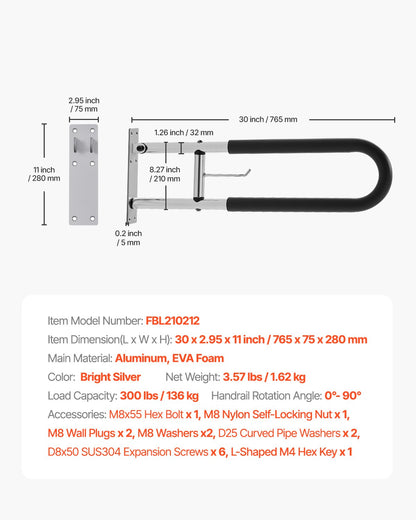 Toiletten-Haltegriff, 76 cm langer, U-förmiger Haltegriff für Menschen mit Behinderung, klappbarer Sicherheitsgriff für Senioren, hochklappbarer Toiletten-Haltegriff mit rutschfestem Griff, Tragkraft 136 kg, Sicherheits-Handlauf mit Papierhalter