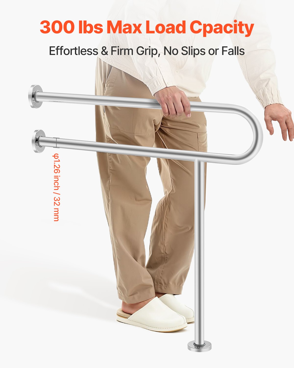 Toiletten-Haltegriff, 80 cm (31,5 Zoll) langer, U-förmiger Haltegriff für Menschen mit Behinderung, Sicherheitsstange aus Edelstahl 304 für Senioren, Toiletten-Haltegriff mit rutschfestem Griff, Tragkraft 136 kg (300 lbs) mit Stützfuß