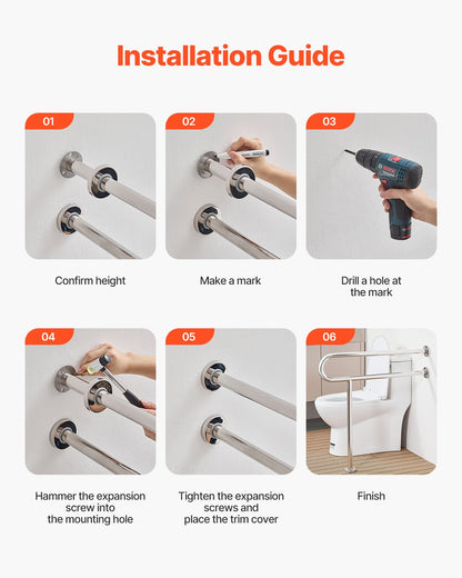 Toiletten-Haltegriff, 80 cm (31,5 Zoll) langer, U-förmiger Haltegriff für Menschen mit Behinderung, Sicherheitsstange aus Edelstahl 304 für Senioren, Toiletten-Haltegriff mit rutschfestem Griff, Tragkraft 136 kg (300 lbs) mit Stützfuß