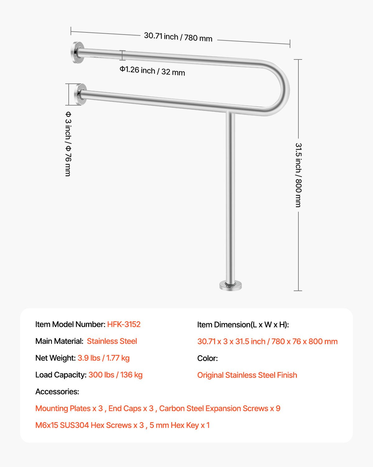 Toiletten-Haltegriff, 80 cm (31,5 Zoll) langer, U-förmiger Haltegriff für Menschen mit Behinderung, Sicherheitsstange aus Edelstahl 304 für Senioren, Toiletten-Haltegriff mit rutschfestem Griff, Tragkraft 136 kg (300 lbs) mit Stützfuß