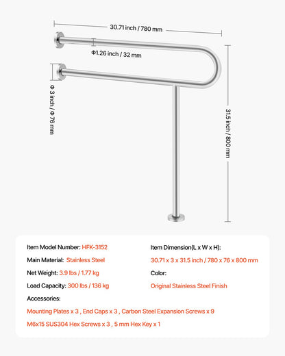 Toiletten-Haltegriff, 80 cm (31,5 Zoll) langer, U-förmiger Haltegriff für Menschen mit Behinderung, Sicherheitsstange aus Edelstahl 304 für Senioren, Toiletten-Haltegriff mit rutschfestem Griff, Tragkraft 136 kg (300 lbs) mit Stützfuß