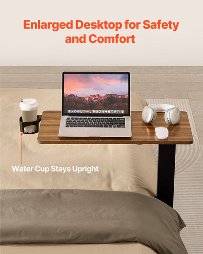 Overbed Table, Mobile Bed Side Table with 4 Wheels, Electric Lifting with Upgrade Button, Rolling Laptop Desk with Cup Holder, Height Adjustable Overbed Desk for Home, Office, Study, Wood+Black