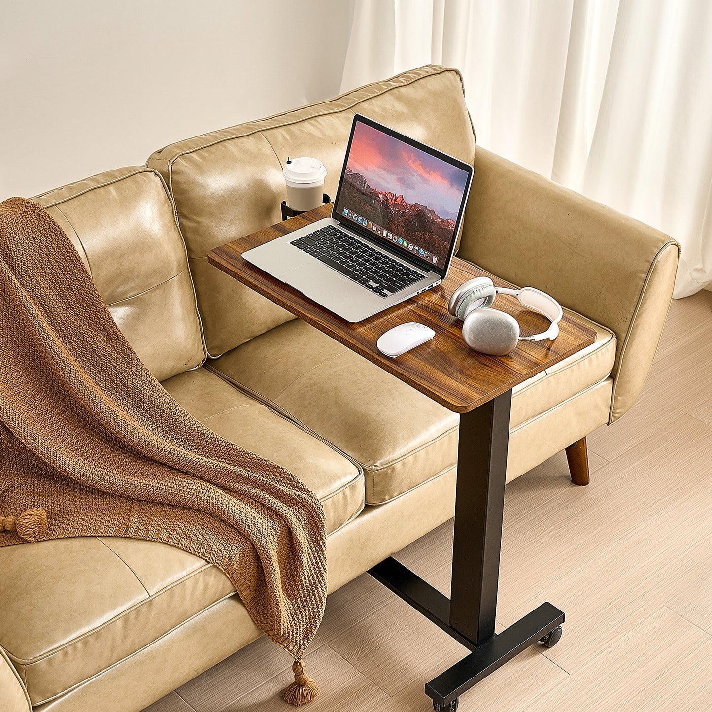 Overbed Table, Mobile Bed Side Table with 4 Wheels, Electric Lifting with Upgrade Button, Rolling Laptop Desk with Cup Holder, Height Adjustable Overbed Desk for Home, Office, Study, Wood+Black