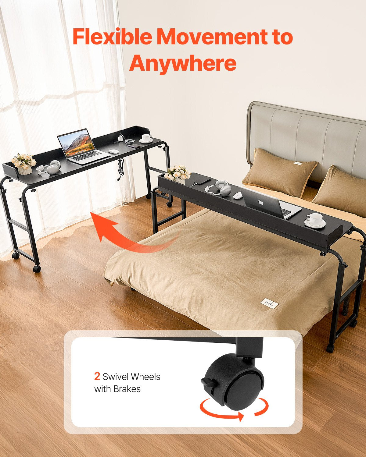 Overbed Table, Mobile Bed Side Table with 4 Wheels (2 with Brakes) and Power Socket, Height Adjustable Rolling Laptop Desk, Portable Particleboard Over Bed Desk for Home, Office, Study, Black